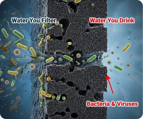 Cross-section of the 0.1-micron filter blocking bacteria and viruses